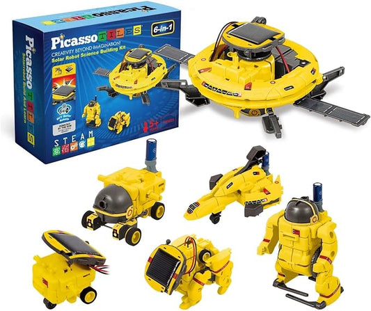PicassoTiles STEM Kids Solar Powered Space Robot Educational Learning Engineering Building Toy 6-in-1 Creative Unique Transformation Renewable Sun Energy Science Experiment DIY Kit Boys Girls Age 8+
