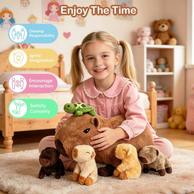 5 in 1 Capybara Plush, 14.2" Capybara Stuffed Animal with Babies Inside, Mommy Stuffed Capybara Plushies Pillow Toys with 4 Baby Capibaras Peluches for Kids Christmas Birthday Gifts Party Favors