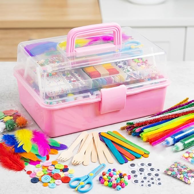 Bobbie Art Arts & Crafts Box 3000+ pcs Deluxe Craft Supplies Box Pink Box - Art Crafting Kit Birthday Gifts for Kids, School Supply for Ages 4-12