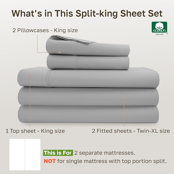 California Design Den Soft 100% Cotton Split King Sheet Set, 400 TC Good Housekeeping Award Winner, Silky Smooth Sateen Weave with Deep Pockets, Breathable and Durable Cotton Bedding Set - Light Grey