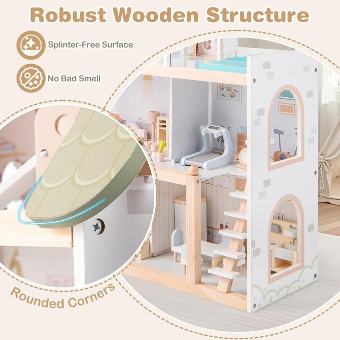 HONEY JOY Doll House, 4-Story Wooden Dollhouse Playset w/ 6 Rooms, 33 Accessories & Miniature Furniture, Pretend Play Toys Kit, 2.56 Feet Toddler Big Doll House, Gift for Kids Aged 3+