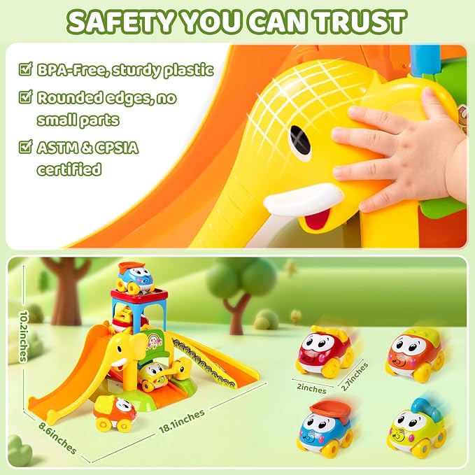 Marstone Toddler Toys for 1 2 Year Old Boys and Girls Gifts: Educational Elephant Slide with 4 Animal Car Toys for Baby 12-18 Months, First Birthday Gifts for Kids, Learning Push Race Tracks Age 1-2