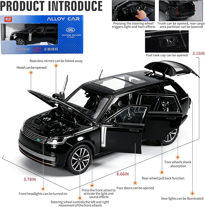 Toy Car Model 1/24 Diecast Cars Compatible with Land Rover Range Rover Off-Road SUV Collect Model Car Kits for Adults and Boys Metal Toy Cars for Kids Age 3+ Pull Back Cars with Light and Sound（Black）