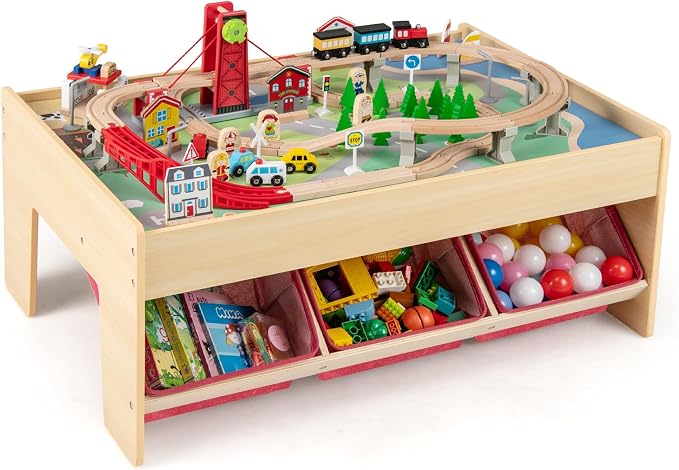 Costzon Train Table, 3-in-1 Wooden Activity Table W/ 3 Storage Bins, Reversible 94 PCS Track Train Toys & Table Map for Building, Playing, Studying, Eating, Kids Train Set Table for Boys Girls Aged 3+