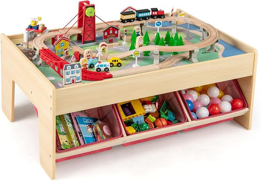 Costzon Train Table, 3-in-1 Wooden Activity Table W/ 3 Storage Bins, Reversible 94 PCS Track Train Toys & Table Map for Building, Playing, Studying, Eating, Kids Train Set Table for Boys Girls Aged 3+