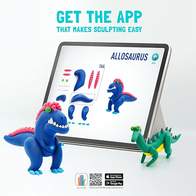 HEY CLAY Set - Colourful Modeling Air Dry Clay Kit for Kids 15 cans and Sculpting Tools with Fun Interactive Instructions App - Children 3+ (Mega Dinos)