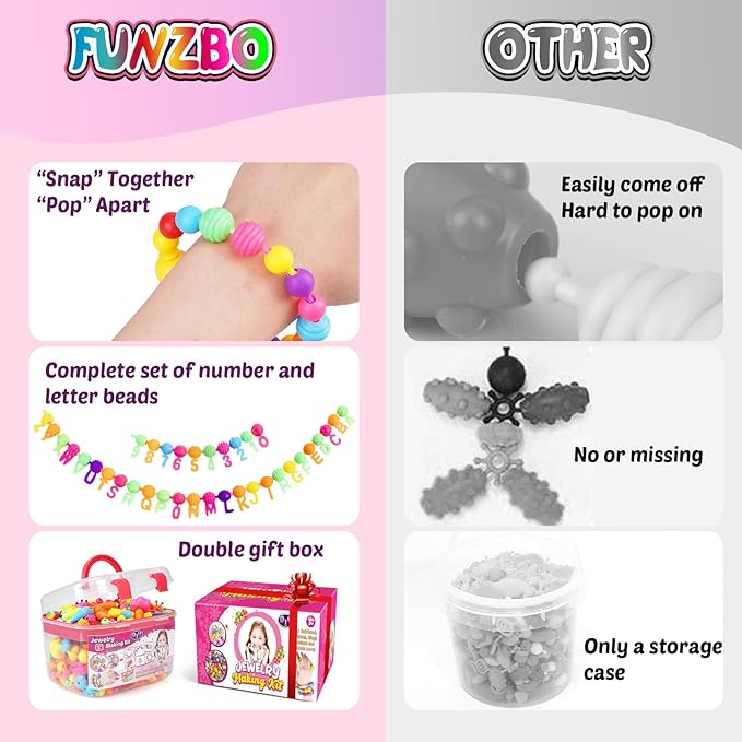 FUNZBO 520+ Snap Pop Beads - Jewelry Making Beads Charms Style Craft Kit, Arts and Crafts for Kids Ages 4-8, Toys for 3 4 5 6 7 Years Old Girls Birthday Gifts Ideas, Bracelet Necklace Ring for Girls