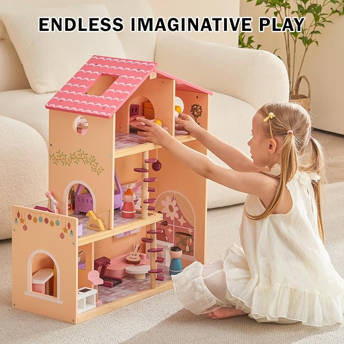 Wooden Doll House with 53Pcs Furniture Doll House, 6 Rooms Toddler Dollhouse Includes Spiral Wooden Staircase and Balcony, Modern Family Dollhouse with Realistic Design Gift for Ages 3+ Pink