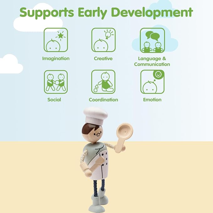 PlanToys® Wooden Chef Doll | Poseable 1:12 Scale Character Figure for Dollhouse Play, Cooking Scenarios & Social Interaction | Eco Friendly Montessori Pretend Play Figure