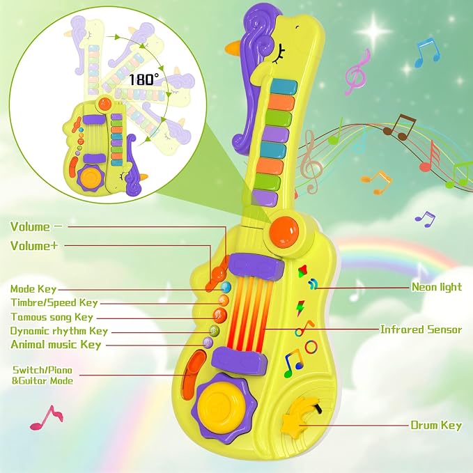 M SANMERSEN 3-in-1 Toddler Guitar Toys for Kids with Piano Drum, Electric Musical Toy with Strap Light Up 3 4 5 Year Old Boys Girls Gifts