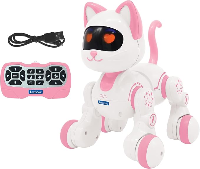 LEXiBOOK, Power Kitty Jr., Remote Control cat to Train, Waddles Like a Real cat, Interactive Eyes, STEM programmable, Rechargeable Battery, Pink/White, KIT01