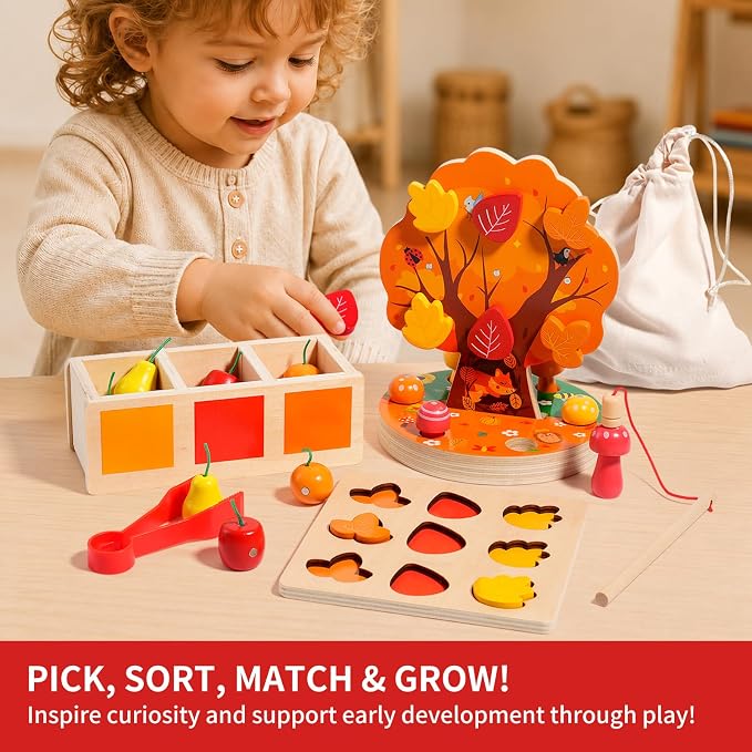 INIFEIDALA Montessori Toys for 3 4 5 6 Year Old - Wooden Educational Toy for Toddlers,Shape Sorting Puzzle for Fine Motor Skills,Apple Picking Magnetic Tree Toy,Hand-Eye Coordination,Color Recognition