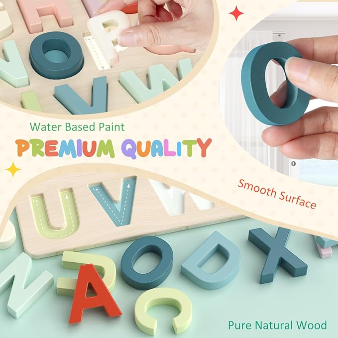 Zeoddler Alphabet Puzzles, ABC Preschool Learning Toys, Wooden Toys for Toddlers, Alphabet Shape Puzzles for Kids, Gift for Girls Boys