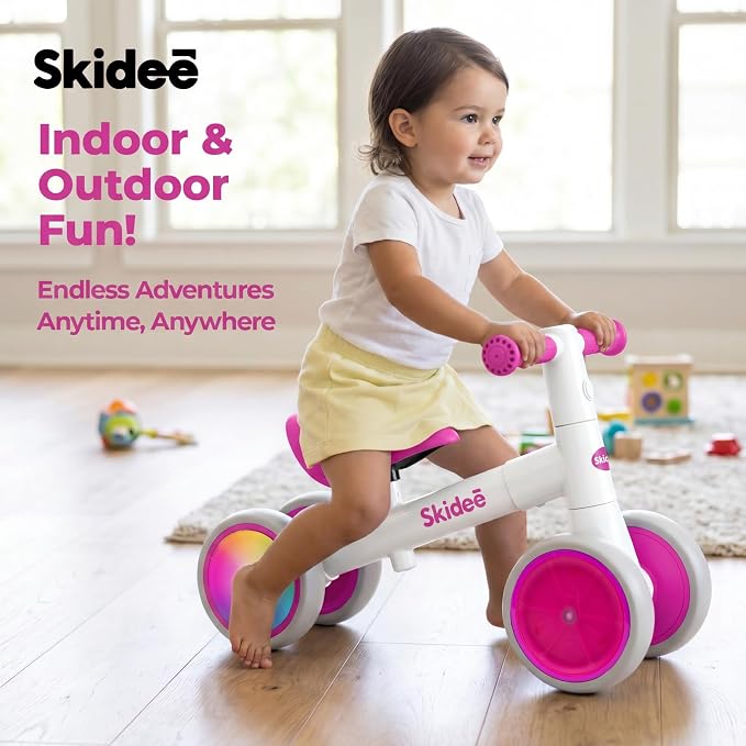 SKIDEE Toddler Balance Bike 1-3, 4-Wheel Balance Bike with Rare Light-Motion-Activated LED Wheels, Adjustable Height & Child Safe Steering, Lightweight Ride-On Toy Training Bike for Boys & Girls
