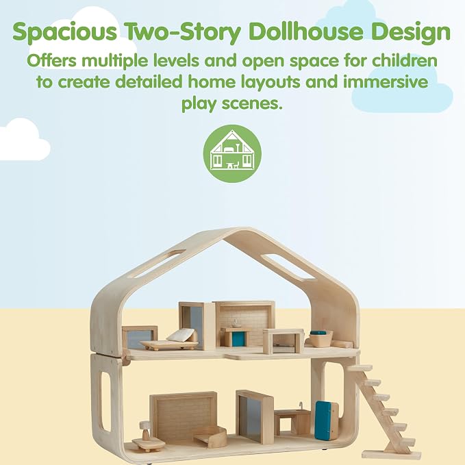 PlanToys® Contemporary Wooden Dollhouse | 2-Story Modular Doll House with Adjustable Walls, Furniture Set & Open Layout | Pretend Play Dollhouse Compatible with 1:12 Scale Accessories