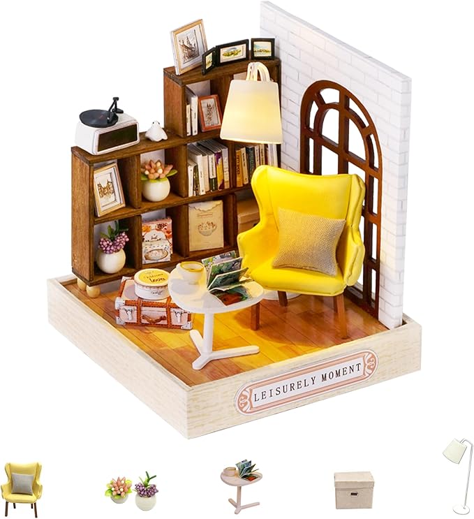 Kisoy Dollhouse Miniature with Furniture Kit, DIY 3D Wooden DIY House Kit with Dust Cover,Handmade Tiny House Toys for Teens Adults Gift(Leisurely Moment)