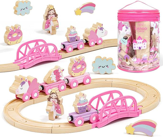 Lehoo Castle Wooden Train Set for Girls, Unicorn Train Set for Toddlers 2-4, Wooden Train Track with Storage Bag, Pink Train Fantasy Toys for 3 Year Old Girl Christmas Birthday Gifts