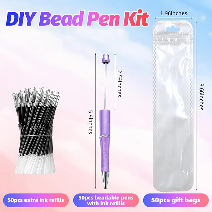 150 Pieces DIY Beadable Pen Kit – 50 Plastic Ballpoint Pens with Refills & Bags – School Supplies, Office Accessories & Decorative Items for Students & Teachers (Purple)