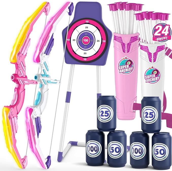 HYES 2 Pack Bow and Arrow for Kids 4-6, LED Light Up Archery Set with 24 Suction Cup Arrows, 1 Standing Target, 6 Score Targets & 2 Quiver, Indoor Outdoor Sport for Girls Ages 8-12
