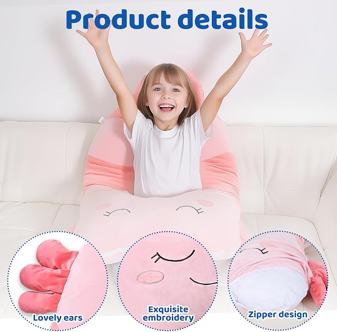47x23 inch U Shaped Long Plush Body Pillows for Kids, Stuffed Animal Axolotl Soft Large Pillow for Sleeping, Big Cute Plushies, Washable Cover, Gift for Boys and Girls