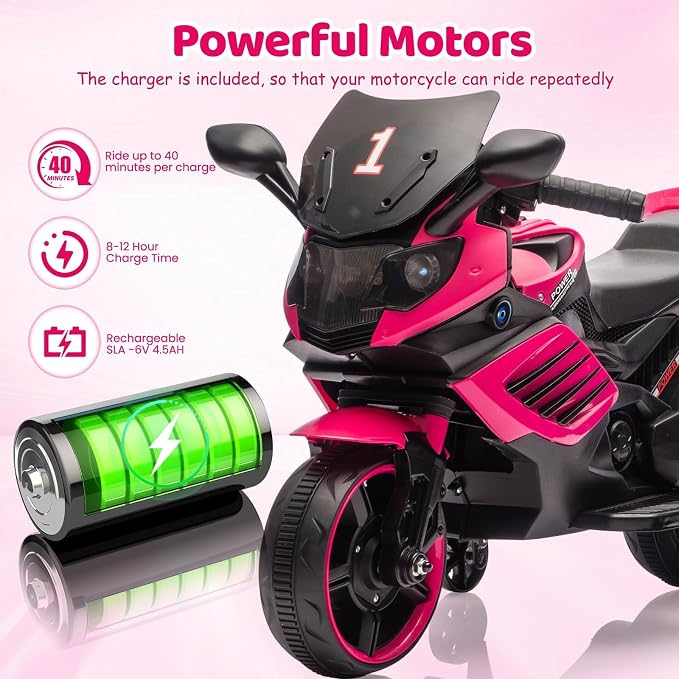 Kids Ride On Motorcycle, 6V Battery Powered Electric Motorcycle, w/Treaded Tires, Horn, Working Headlight, Music, Training Wheels, Stable Ride On Toys for Kids Toddler Boys Girls 3-6, Rosy
