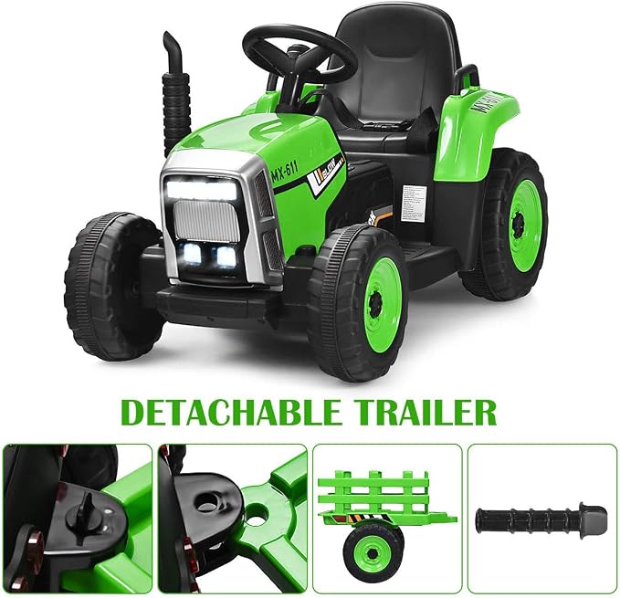 Costzon Ride on Tractor with Detachable Trailer, Kids' Electric Vehicles w/3-Gear-Shift Ground Loader, Wireless Design & USB, 7 LED Headlights, Remote Control Tractor Toy for Kids 3+ (12V, Green)