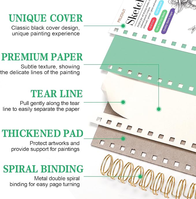 Sketch Book with 12 Color Pencil Set, 90 Sheets Spiral Sketchbook for Drawing (68lb/100gsm), Acid-Free Sketch Pad for Artist, Art Paper Drawing Supplies for Gifts(Green)