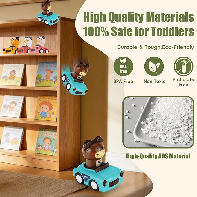 Press to Go Car Toy for 1-3 Year Old Toddler,Animal Push Cars Friction Powered,No Batteries Required, BPA-Free,Easy Clean,Indoor Outdoor Toy for 6-9-12-18 Month,Birthday Gift for 1-2 Boy Girl