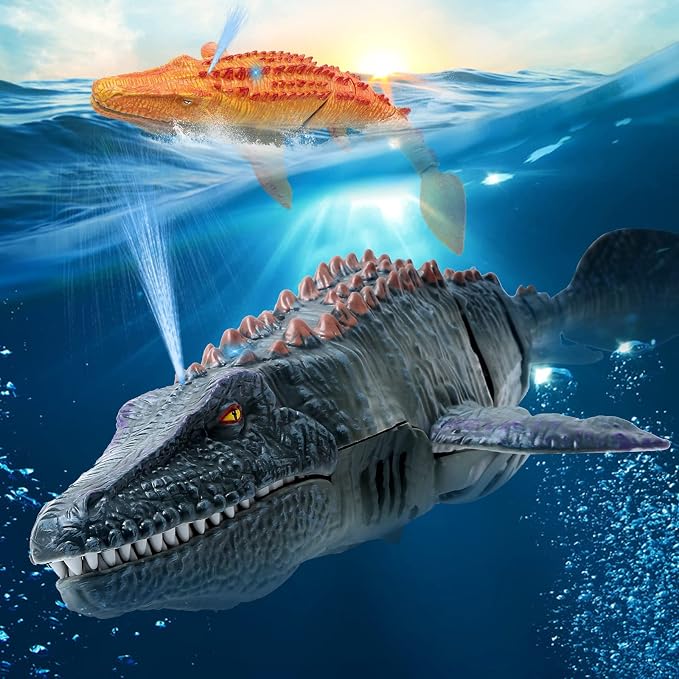 fromeasy Remote Control Dinosaur Toys for Kids 3 4 5 6 7, Mosasaurus Diving Toys RC Boat with Light and Spray Water for Swimming Pool Lake Bathroom Ocean Protector Bath Toys