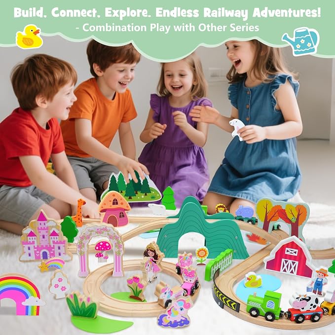 SIMPLIPLAY Wooden Train Set for Toddlers - 49PCS Farm Montessori Train Sets, Wooden Train Track for Toddlers 3-5 with Bridge & Cute Farm Animal Toys, Gifts for 3 4 5 Years Old Girls & Boys | Montessori Magnetic Train Set for Toddlers 3-5 with Bridge & ...