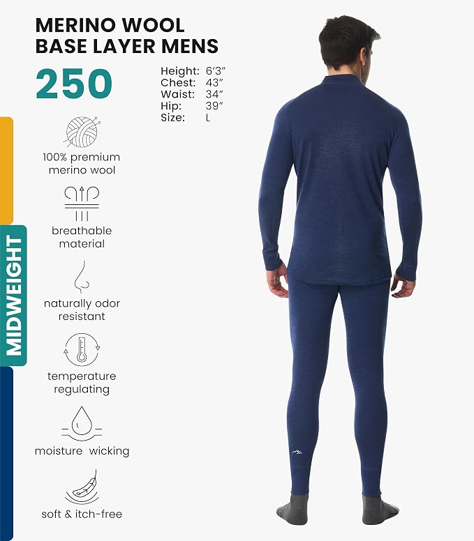 Merino.tech Merino Wool Base Layer Mens Set - Heavyweight, Midweight, Lite Merino Wool Thermal Underwear For Men Top, Bottom
