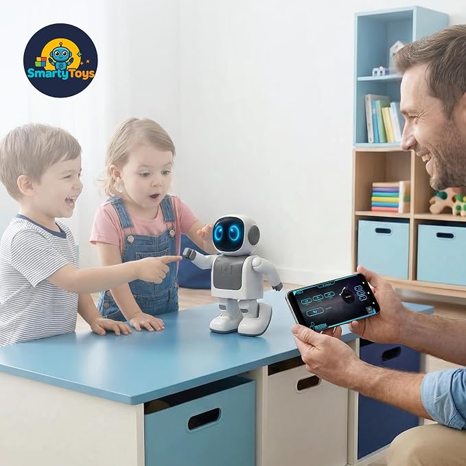 SmartyBot Smart Robot Toy for Kids - Interactive Remote Control Robot with App, Programmable Moves, 7 Customizable LED Eye Colors, Reacts to Music, STEM Learning Toy for Boys & Girls Ages 4 5 6 7 8 9