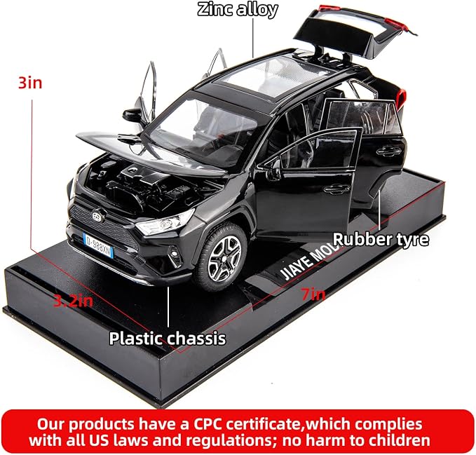 WAKAKAC Model Car 1/32 RAV4 Alloy Diecast Collectible Toy Car with Light and Sound Toy Vehicle Door Can Be Opened for Boys Kids Toddler Gift (Black)