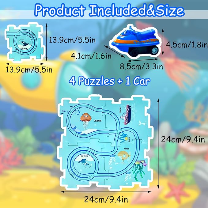 4 Year Old Boy Birthday Gift, Puzzle Racer Kids Car Track Set Puzzle Racer Car Track Set with Roadmap Puzzle Track Car Play Set Toys for 4 Year Old Boys (C-Ocean, Set3-5PCS)