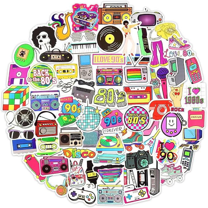 QTL 80s and 90s Stickers for Adults, Retro Waterproof Vinyl Stickers, Party Supplies and Vintage Decorations, Water Bottle and Laptop, 70PCS