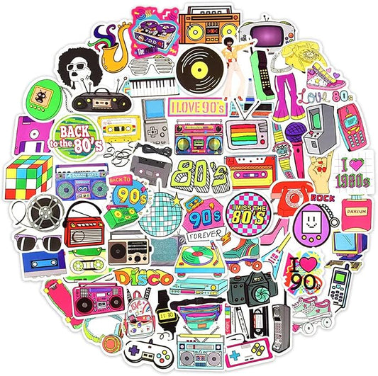 QTL 80s and 90s Stickers for Adults, Retro Waterproof Vinyl Stickers, Party Supplies and Vintage Decorations, Water Bottle and Laptop, 70PCS