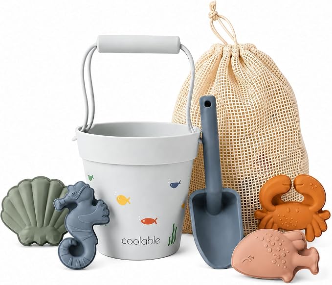 6-Piece Silicone Beach Toys Set for Kids - Foldable Sand Bucket, Shovel, 4 Sand Molds and Mesh Bag - Sea Creatures