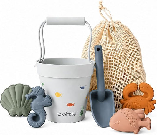 6-Piece Silicone Beach Toys Set for Kids - Foldable Sand Bucket, Shovel, 4 Sand Molds and Mesh Bag - Sea Creatures