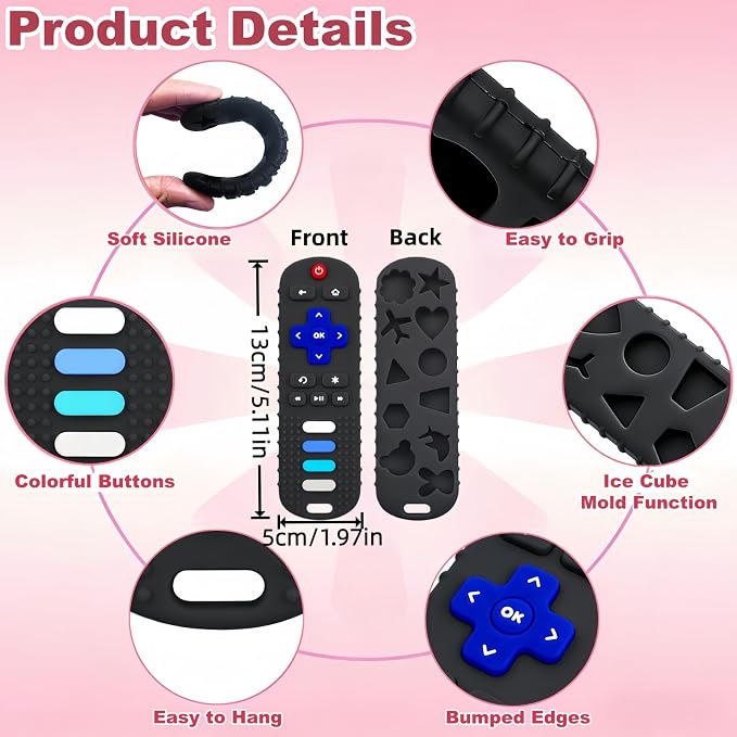 3-Pack Baby Teething Toys, BPA-Free Silicone Baby Remote Control Teething Toy for 3-18 Months, Toy Remote for Baby, Teething Relief Newborn Remote Shaped Toy (Black&Pink&Pig Black)