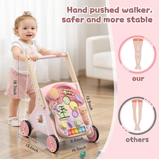2 in 1 Wooden Baby Walker and Activity Center for Girls Boys Sit-to-Stand Learning Toy Kids Montessori Educational Push Toys with Music Detachable Busy Keyboard for Toddlers Pink