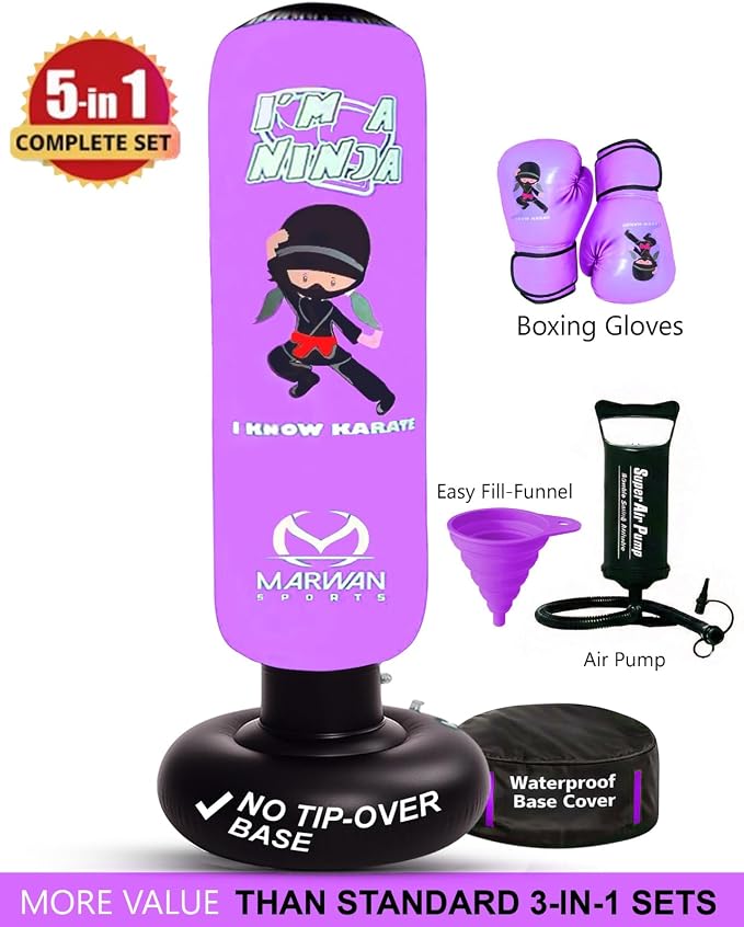 Marwan Sports Ninja Kids Punching Bag — Inflatable Sensory Toy & Birthday Gift for Boys & Girls Ages 4-12, 63" Freestanding 5-in-1 Kit, Indoor Apartment-Quiet Sensory-Friendly Active Play