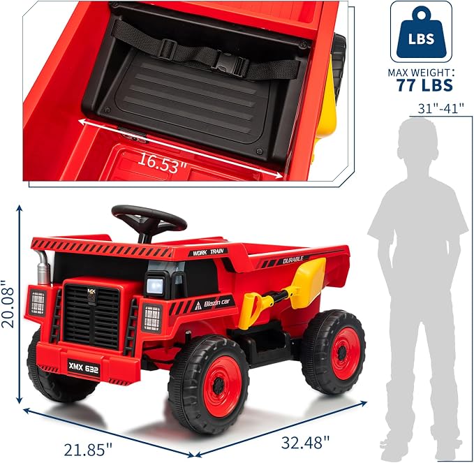Garvee 12V Ride On Dump Truck for Kids, Ride On Car with Remote Control, Construction Vehicles with Dump Bed & Shovel, Ride-On Toys 16.5 in Spacious Seat, Music, Headlights, Soft Start, Red