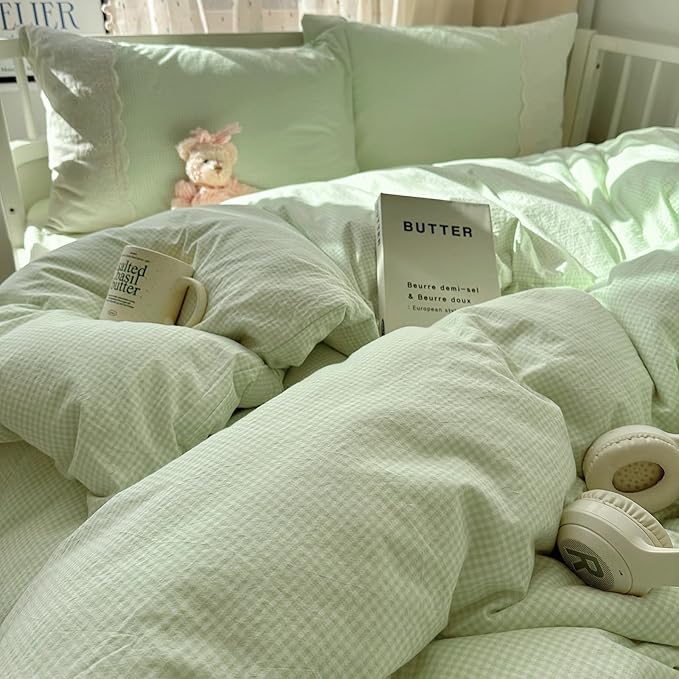 LifeTB Green Gingham Comforter Set King Romantic Lace Style Vintage Checkered Plaid Comforter Set 3 Pieces Green Grid Comforter with 2 Pillowcases Soft Fluffy Farmhouse Gingham Bedding Set King