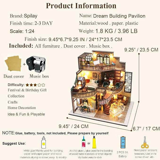 Spilay DIY Miniature Dollhouse Kit with Wooden Furniture,1:24 Scale Mini House with Dust Proof Cover & Music Box,Best Valentine's Day (M2132)