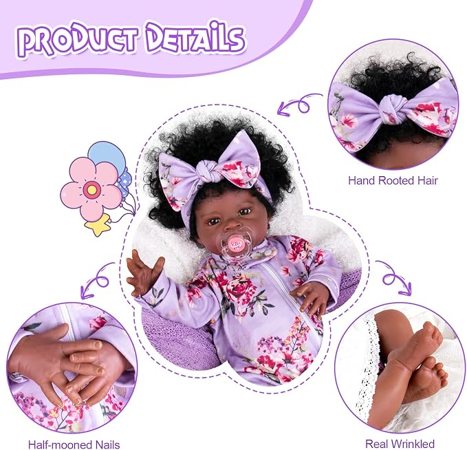 Aori Black Reborn Baby Dolls Girl - Realistic Baby Dolls Black American that Look Real 20 inches, Lifelike Black Baby Doll Soft Vinyl with Weighted Cloth Body, Set for Kids 3+, New-Parents, Elderly