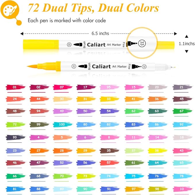Caliart 72 Colors Double Tip Brush Pens Art Markers, Artist Fine & Brush Coloring Markers for Adult Book Journaling Calligraphy Lettering Planners Cards Drawing Craft Kit Teacher Office Supplies
