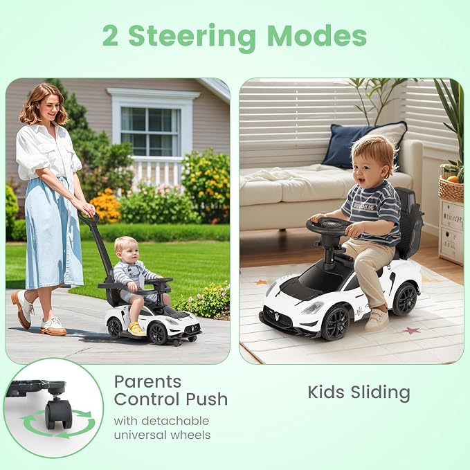 OLAKIDS Push Car for Toddlers, Licensed Maserati 3 in 1 Baby Ride on Sliding with Parent Control Handle, Universal Wheels Safe Guardrails Under Seat Storage, Kids Walking Toy with Music Horn (White)