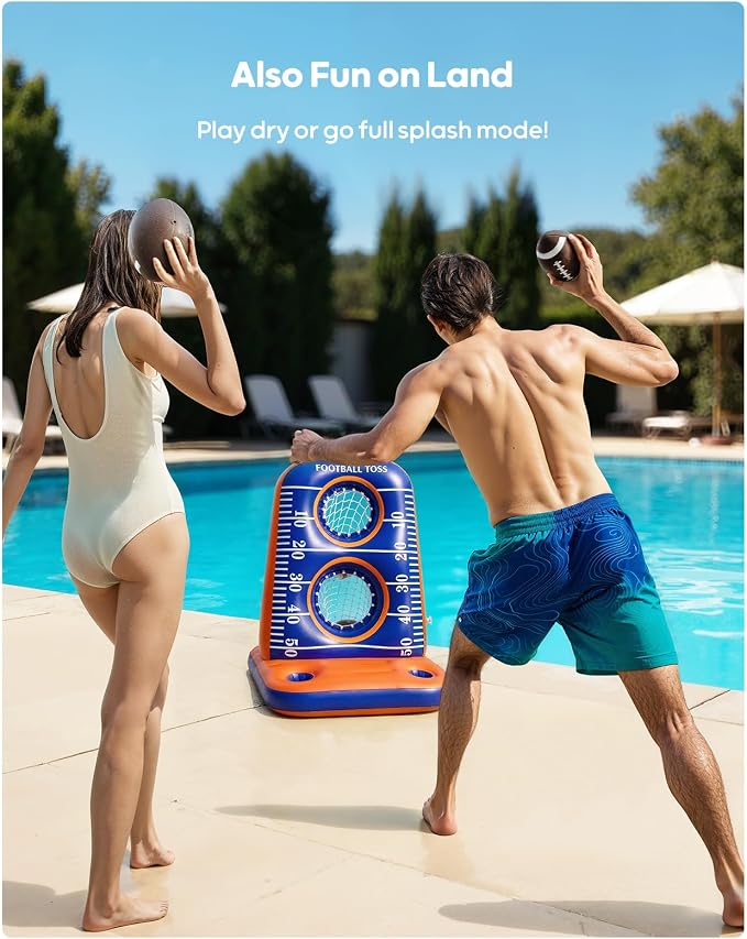 QPAU Inflatable Football Toss Game for Pool – Water Football Target with 4 Balls & 2 Pumps, Dual Net Design, Stable Base, Summer Pool Game for Kids & Adults (Blue+Orange)