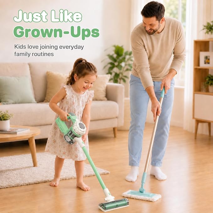 3-in-1 Kids Vacuum that Really Works - Toddler Vacuum Cleaner with Real Suction, Pretend Play Housekeeping & Cleaning Toy Set for Kids Ages 3+ (Green)