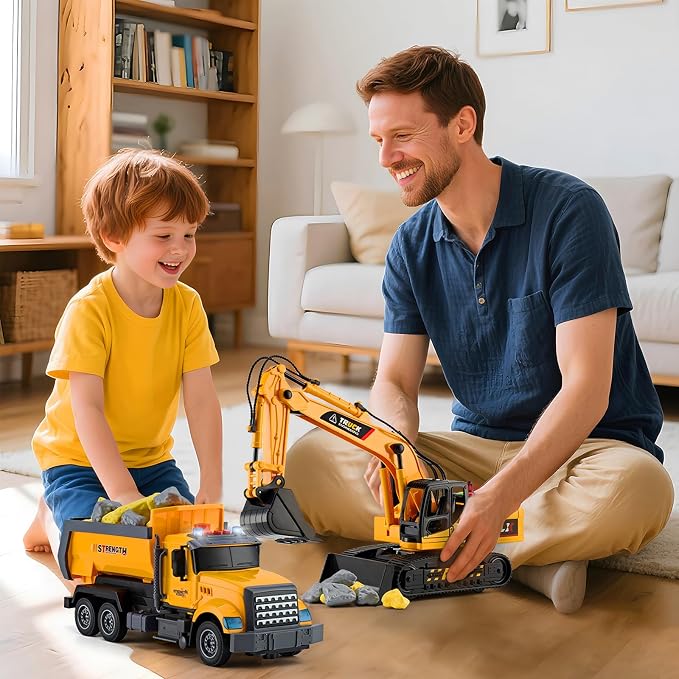 LerBao 2 Pack Large Construction Engineering Truck Toys,Moveable Claw Excavator & Lifting Back Dump Truck Toy for 3 4 5 6 7 8 Years Old Boys Kids Childs Toddlers Christmas Birthday Gift